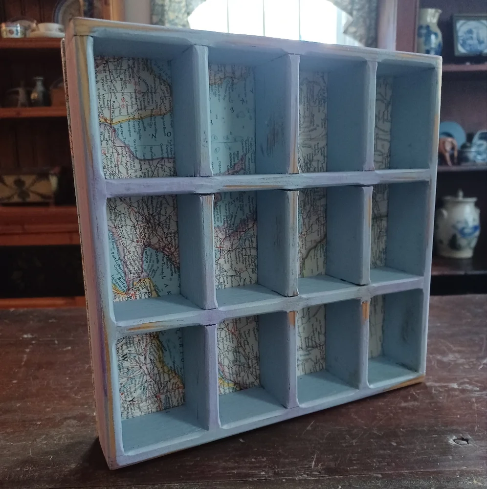 Handmade blue wooden mini wall curio display shelf w/ vintage road maps